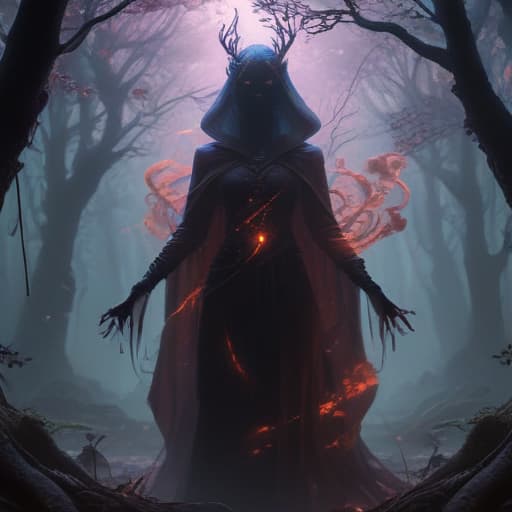 A beautiful and mysterious figure cloaked in shadows, their eyes glowing with an otherworldly light. They stand in a dark and moody forest, surrounded by twisted trees and eerie mist. The figure's outstretched hand crackles with dark energy, ready to unleash a powerful spell. The scene is both alluring and dangerous, drawing the viewer in with its captivating darkness. The artwork is detailed and vibrant, with a digital art style reminiscent of Akina Fujiwara's work. fantastical creatures or characters inspired by mythology, folklore, or popular culture. use vibrant colors, sharp lines, intricate details, dynamic poses, dramatic lighting, atmospheric backgrounds, and blend anime, manga, and Western comic influences.