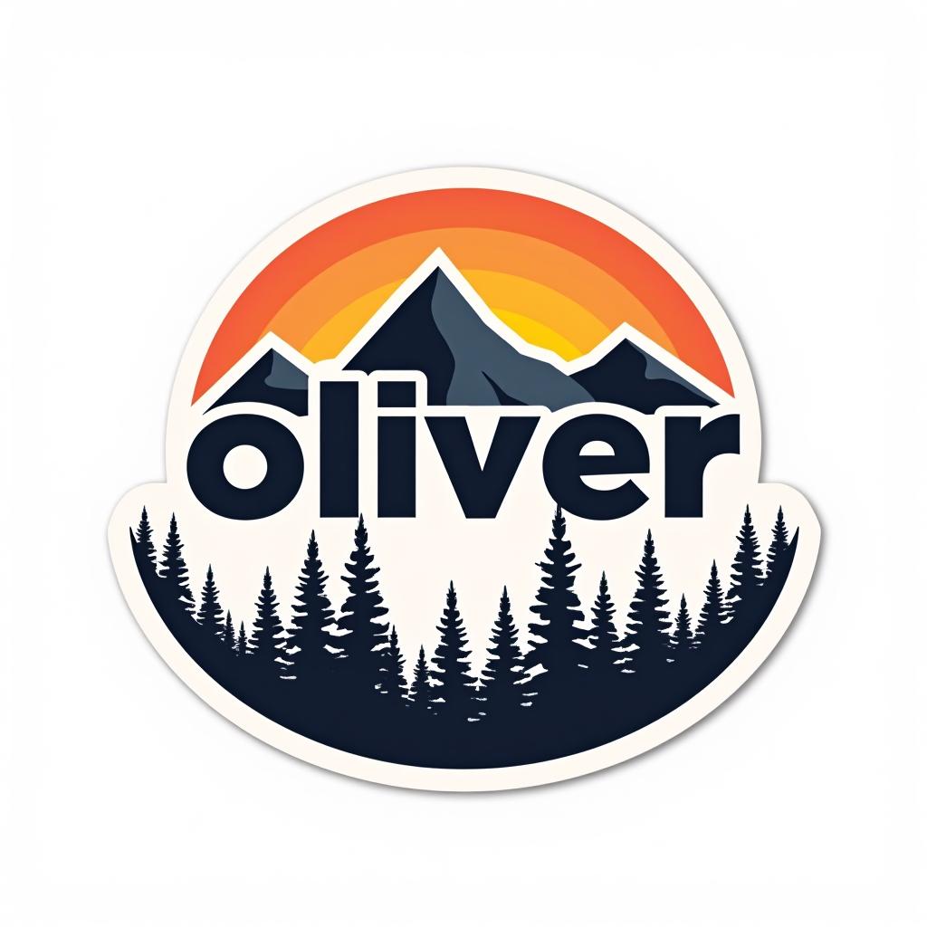  logo, custom sticker design on an isolated white background with the bold words ‘oliver’ with a backdrop of a mountain range, and silhouettes of pine trees at sunset