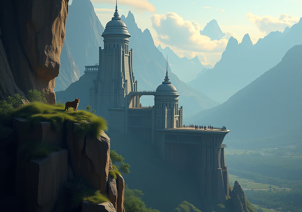  **overview of a futuristic citadel lion city built into the side of a mountain, a military base for the cat's covert operations, as well as a refuge in case of invasion. the city is famous for its observation towers lion, tiger, panther digital painting, manga fantasy, art by , simon stalenhag andrei riabovitchev, in the style of , marvel dc comics, natural lighting,** image #3 <@324600685238681610>hyper detail, intricate details, sharp focus, high resolution, 8k, ultra detailed, vib