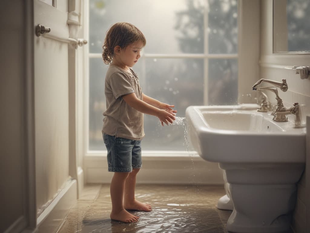 ultra realistic ((ultra realistic ((a child washing hands under running water)))) hyperrealistic, full body, detailed clothing, highly detailed, cinematic lighting, stunningly beautiful, intricate, sharp focus, f/1. 8, 85mm, (centered image composition), (professionally color graded), ((bright soft diffused light)), volumetric fog, trending on instagram, trending on tumblr, HDR 4K, 8K