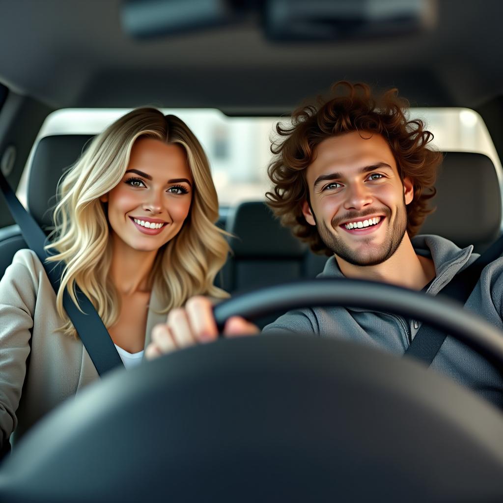  make an image of a blonde woman in the drivers seat with a man with brown curly hair