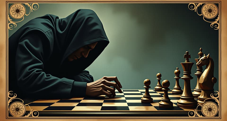  dark figure plotting next move, chessboard with sinister pieces, strategic, dangerous, meticulous. an illustration in the style of a worn, mystical old tarot trump card, mysterious and elements of surrealism. the colors are muted, somber and eerie, but with contrast bring out an occult and esoteric vibe.