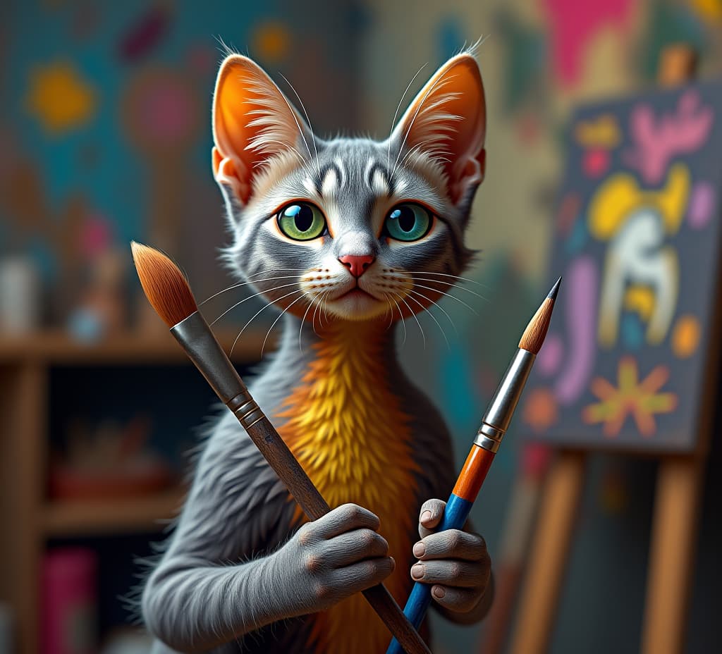  surreal abyssinian cat holding paintbrush in colorful studio setting