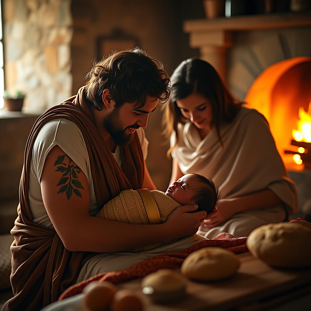  create a high quality, photorealistic image that vividly depicts the following scene: 'greek epoch scenery, a just born infant's angelic visage wrapped in opulent textiles, a fresh loaf of bread soaked in honey laying nearby. proud parents garbed in chitons exude joy, their faces emanating warmth, all within the stone walls of a rural, greek domicile. the bronze glow from a close by hearth blankets the whole group in a cozy illumination. guests in himation roam the room, their wonder and admiration tangible. picture perfect distinctness, vivid hues, captured on nikon d850, f/2.8, iso 100, 1/200s, 8k, raw, skillfully positioned in the frame and untouched. the image should: focus on the specific actions, emotions, and elements hyperrealistic, full body, detailed clothing, highly detailed, cinematic lighting, stunningly beautiful, intricate, sharp focus, f/1. 8, 85mm, (centered image composition), (professionally color graded), ((bright soft diffused light)), volumetric fog, trending on instagram, trending on tumblr, HDR 4K, 8K