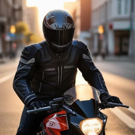 An image of a motorcyclist wearing (((abrasion-resistant))) jacket, in racing gear, looking at the camera on a city street, standing next to a motorcycle, sunset, detailed.