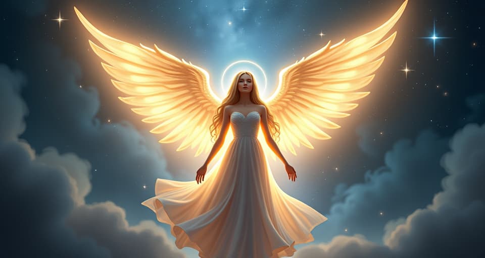  a radiant celestial being with luminous wings, surrounded by a halo of light, standing amidst the stars, exuding an aura of pure, undiluted light.. the style is digital art illustration,highly detailed, whimsical,magical, dreamlike atmosphere, realism and fantasy blend, smooth, glossy textures,luminous quality, wonder and enchantment.