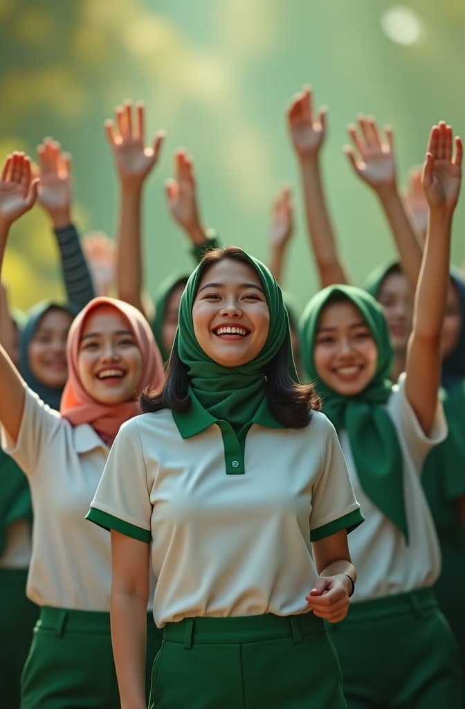  one group of chinese girls wearing white color polo t and one group of islamic girls wearing green color polo t and green color tudung they all hand up happy with open mouth like celebrating 3 white polo t girls and 2 green polo t girls in front and 4 white polo t mix 3 green polo t at back hyperrealistic, full body, detailed clothing, highly detailed, cinematic lighting, stunningly beautiful, intricate, sharp focus, f/1. 8, 85mm, (centered image composition), (professionally color graded), ((bright soft diffused light)), volumetric fog, trending on instagram, trending on tumblr, HDR 4K, 8K