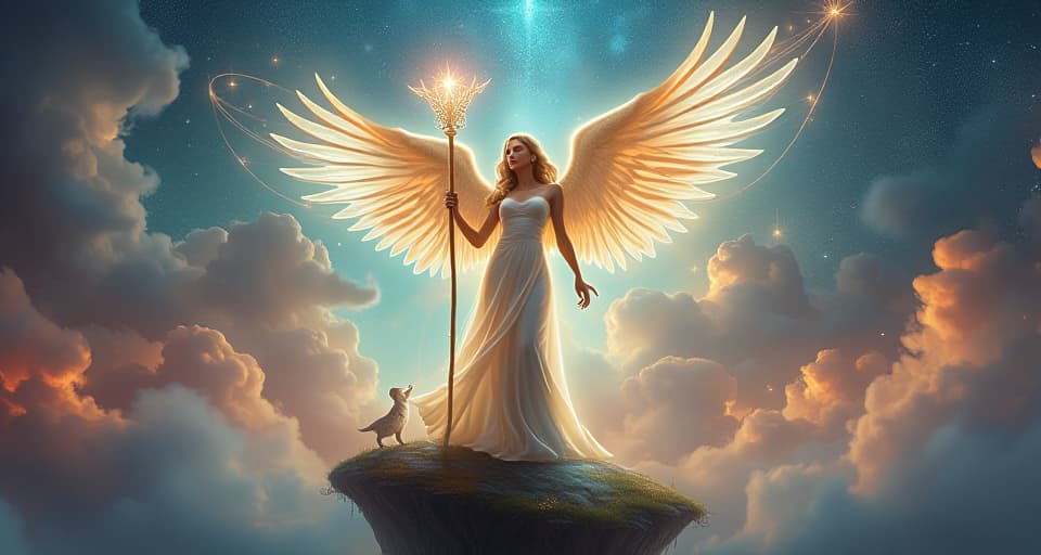  celestial angel with luminescent wings, holding a radiant staff, standing atop a floating island. the skies around her filled with glowing celestial patterns, atmosphere charged with divine energy and purpose.. the style is digital art illustration,highly detailed, whimsical,magical, dreamlike atmosphere, realism and fantasy blend, smooth, glossy textures,luminous quality, wonder and enchantment.