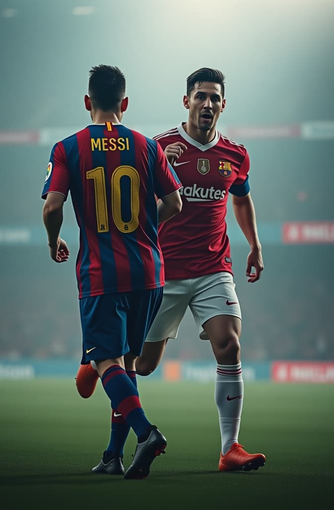  lio messi & ronaldo hyperrealistic, full body, detailed clothing, highly detailed, cinematic lighting, stunningly beautiful, intricate, sharp focus, f/1. 8, 85mm, (centered image composition), (professionally color graded), ((bright soft diffused light)), volumetric fog, trending on instagram, trending on tumblr, HDR 4K, 8K