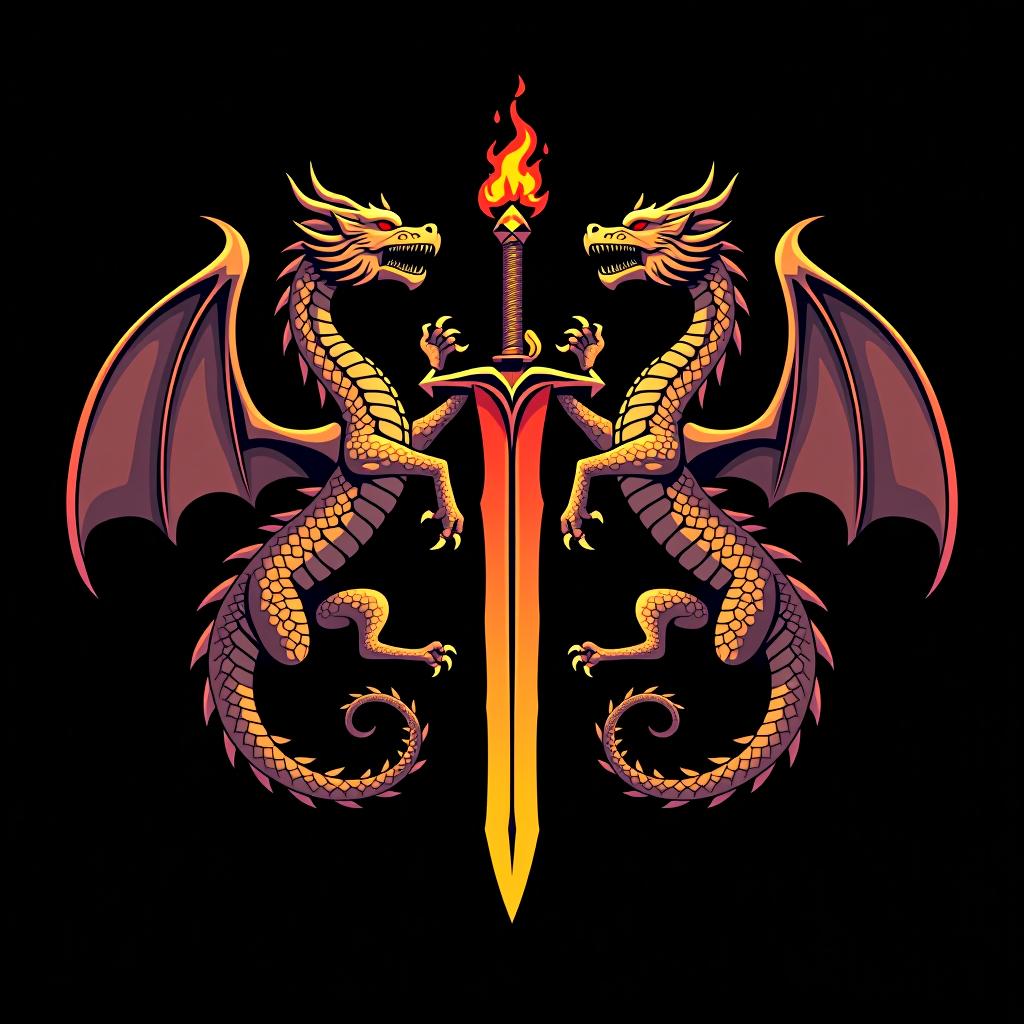  logo, custom sticker design on an isolated black background decorated by mythical dragons and a flaming sword