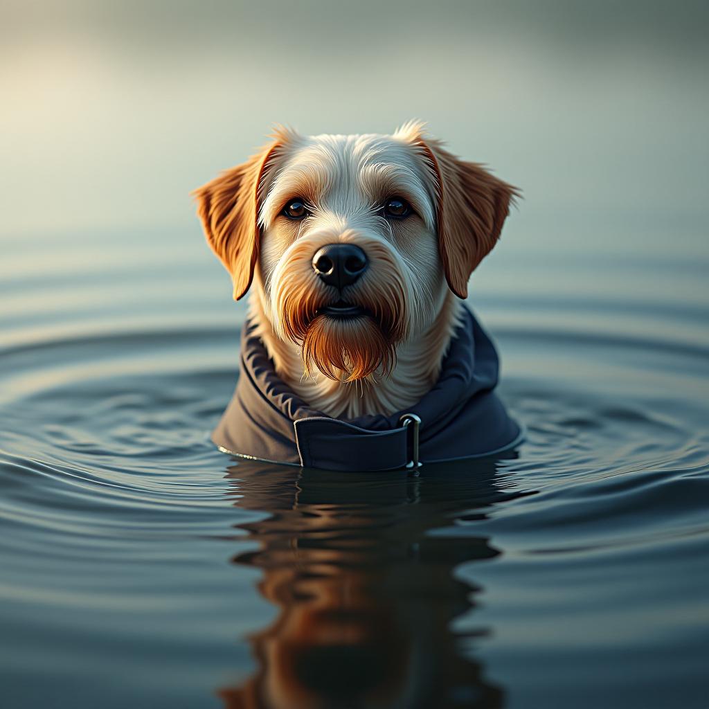  dog in the water hyperrealistic, full body, detailed clothing, highly detailed, cinematic lighting, stunningly beautiful, intricate, sharp focus, f/1. 8, 85mm, (centered image composition), (professionally color graded), ((bright soft diffused light)), volumetric fog, trending on instagram, trending on tumblr, HDR 4K, 8K