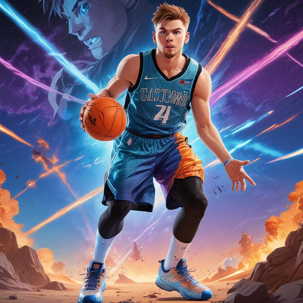 distance-shot, flashy, full-body, dynamic, holographic, animated cartoon poster of luka doncic in the style of dragon ball super