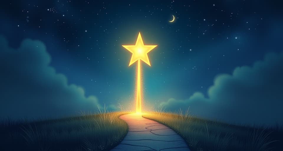  a lone guiding star shining brightly in the darkest night. illuminated path, unfaltering confidence, celestial guidance.. the style is digital art illustration,highly detailed, whimsical,magical, dreamlike atmosphere, realism and fantasy blend, smooth, glossy textures,luminous quality, wonder and enchantment.