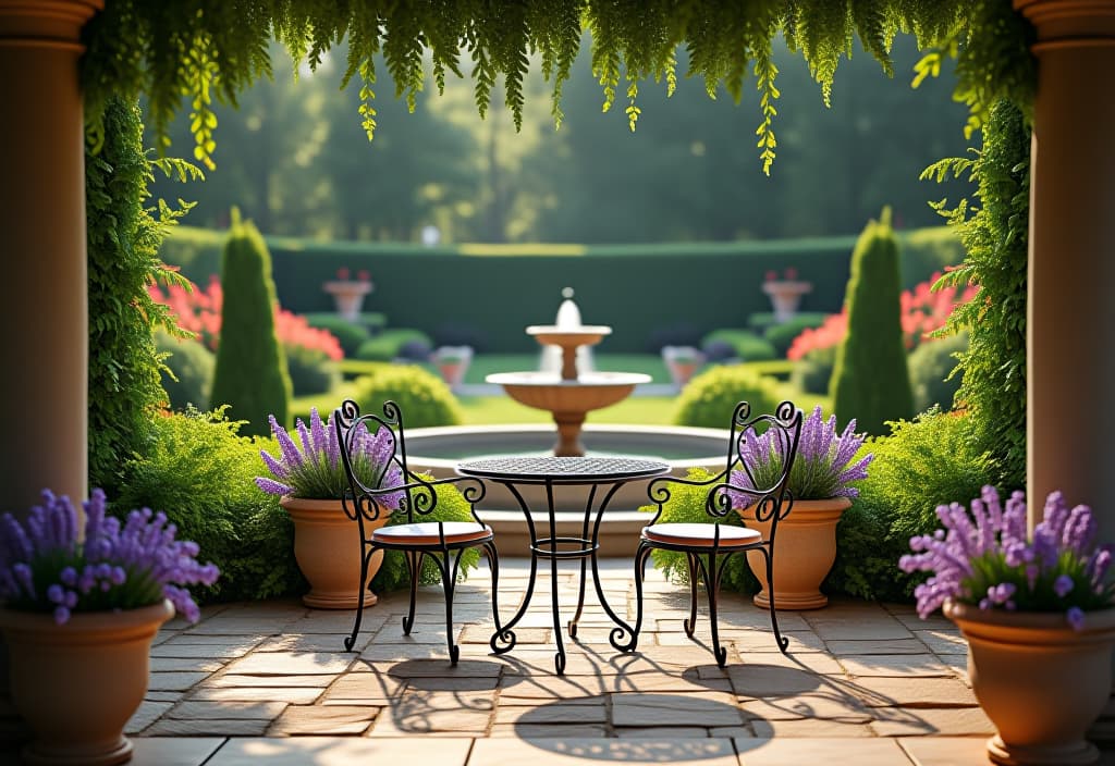  a landscape photo of an elegant french country patio with wrought iron bistro set, lavender planters, weathered stone pavers, and a vintage fountain, overlooking a manicured garden hyperrealistic, full body, detailed clothing, highly detailed, cinematic lighting, stunningly beautiful, intricate, sharp focus, f/1. 8, 85mm, (centered image composition), (professionally color graded), ((bright soft diffused light)), volumetric fog, trending on instagram, trending on tumblr, HDR 4K, 8K