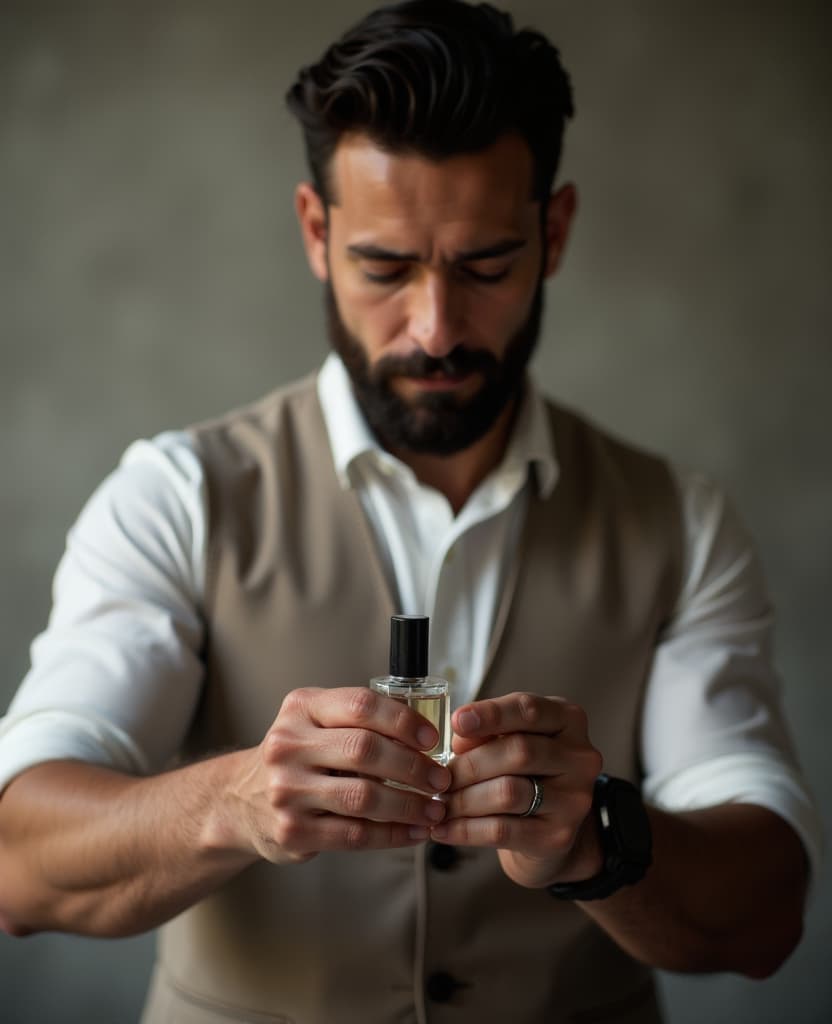  a man demonstrates the process of applying perfume to the wrist with the help of perfume, how easy and convenient it is to use our product in any situation. this emphasizes functionality and usability.