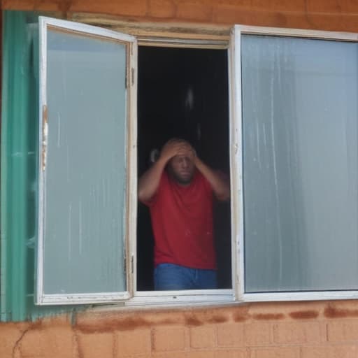 sA man standing on the street and weeping into room through window