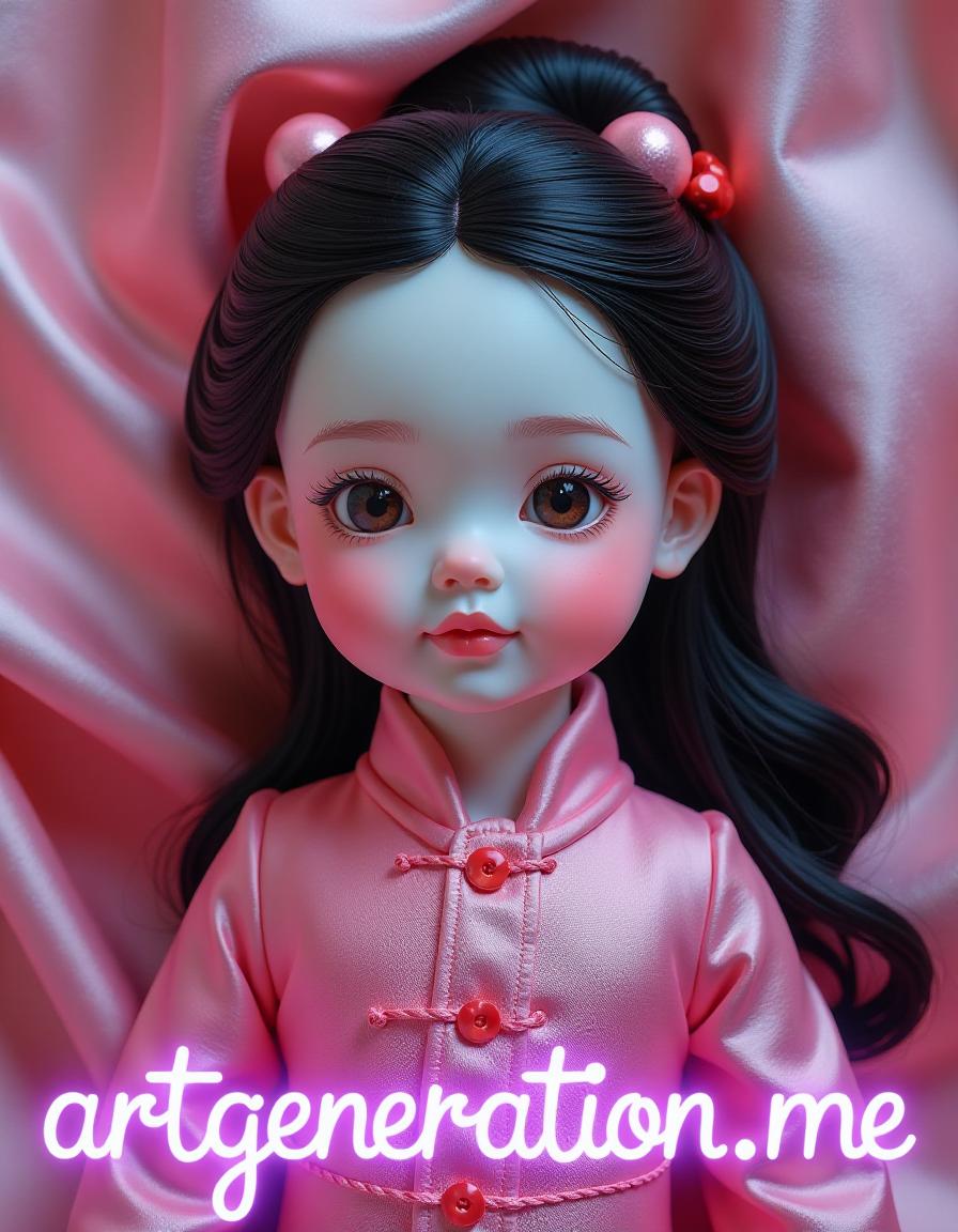  hyperrealistic art masterpiece. oil painting.(porcelain chinese doll with real hair, retro toy:1.5). at the bottom of the image is a neon purple inscription in large letters, glowing (‘artgeneration.me’:1.6). on background of delicate pink satin cut off drapery fabric. intense close up. surrealism style. high detail. high quality. high resolution. . extremely high resolution details, photographic, realism pushed to extreme, fine texture, incredibly lifelike