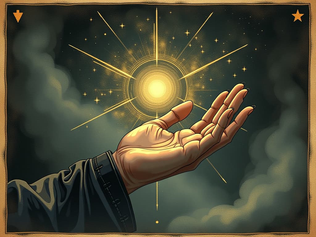  guiding hand, ethereal, shimmering, directing words, movement, celestial guidance, calm, purposeful. an illustration in the style of a worn, mystical old tarot trump card, mysterious and elements of surrealism. the colors are muted, somber and eerie, but with contrast bring out an occult and esoteric vibe.