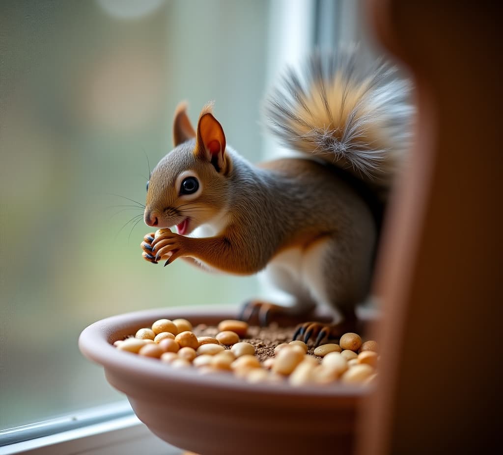  adorable bushy tailed squirrel perches on window feeder, enthusiastically munching on scattered seeds and nuts, its tiny paws holding onto the wooden ledge