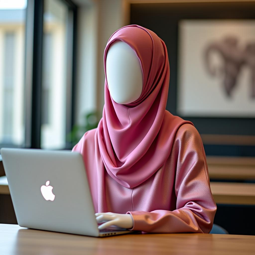  a faceless muslim mannequin wearing a pink hijab and a shiny abaya sits at a table with a macbook, against a stylish and minimalist interior, in a raw style.