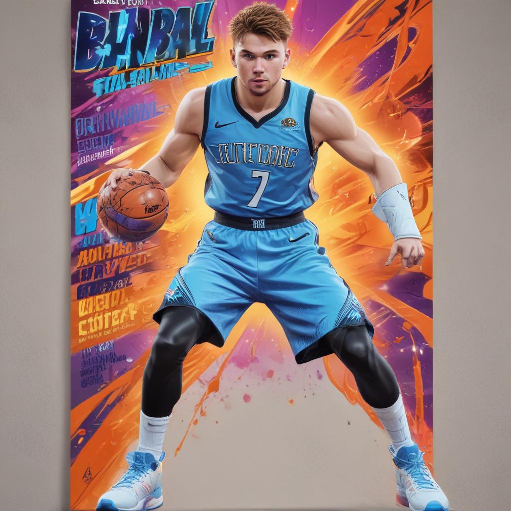 distance-shot, flashy, full-body, dynamic, holographic, animated cartoon poster of luka doncic in the style of dragon ball super