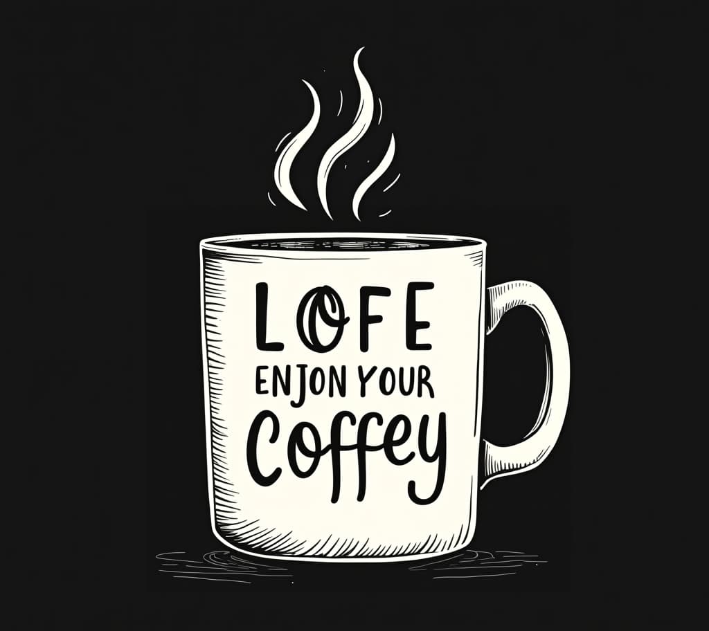  comic illustration of white coffee mug print, life is a journey enjoy your coffee, hand drawn illustration, artwork whole comic design is set on black background.