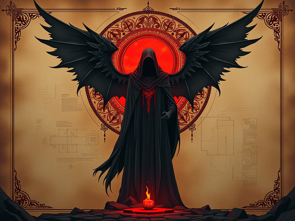  ancient blueprint with red ink, intricate designs, sacred layout, essence of soul's path. the style is digital art illustration / modern comic book / graphic dark novel fantasy and mysterious occult, symbolic, moody lighting, esoteric vibe,high detail on character design. for the color scheme emphasize blacks and reds.