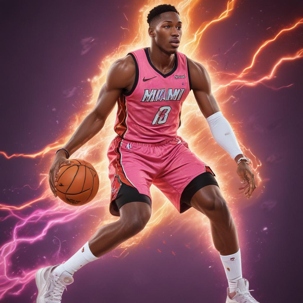 distance-shot, flashy, full-body, dynamic, holographic, animated cartoon poster of miami heat player bam adebayo in the style of dragon ball super