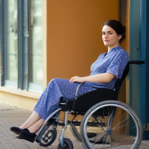 Une femme en robe, assise sur un fauteuil roulant, et donc la robe fait partie du fauteuil roulant