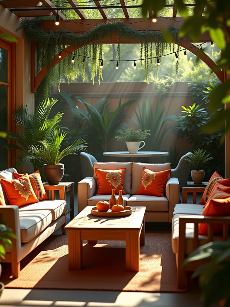  high quality portrait photo of a sun drenched patio oasis with plush outdoor sofas, vibrant throw pillows, and a rustic wooden coffee table, surrounded by lush potted plants and string lights, viewed from a low angle hyperrealistic, full body, detailed clothing, highly detailed, cinematic lighting, stunningly beautiful, intricate, sharp focus, f/1. 8, 85mm, (centered image composition), (professionally color graded), ((bright soft diffused light)), volumetric fog, trending on instagram, trending on tumblr, HDR 4K, 8K