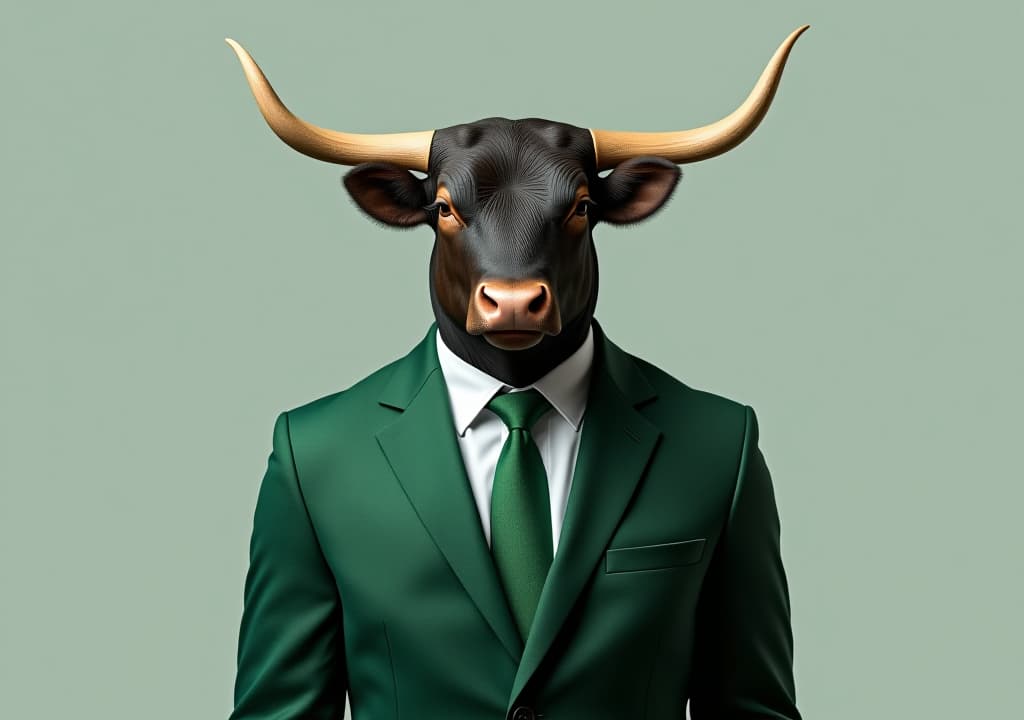  bussiness man like bull dressed in an elegant green suit. market finance concept