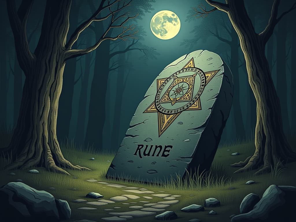  ncient rune stone in a shadowed forest, moonlight casting ethereal glow, mystical engravings, dark and enigmatic atmosphere. an illustration in the style of a worn, mystical old tarot trump card, mysterious and elements of surrealism. the colors are muted yet good contrast bring out an occult and esoteric vibe.