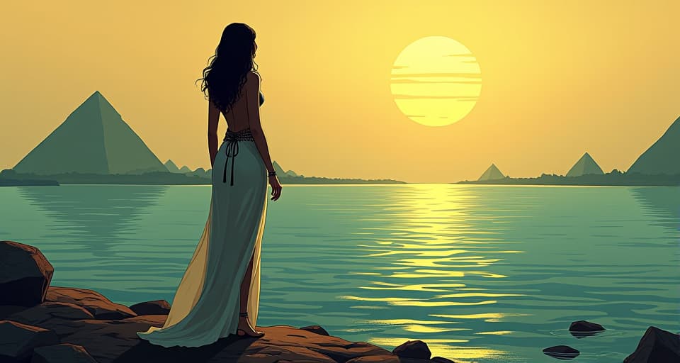  large busted goddess in a transparent, form fitting dress, standing on the bank of the nile, looking out over the water, unseen changes beneath, turning tides. the style is digital art illustration / modern comic book / mysterious occult, symbolic, esoteric vibe,high detail on character design, incorporating ancient egyptian symbology and attire.