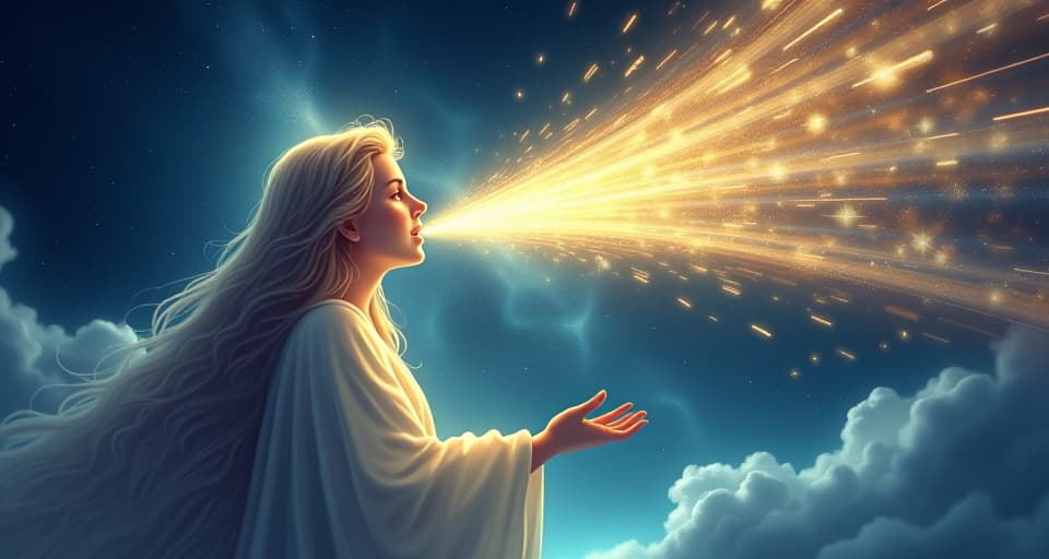  celestial figure speaking, beams of light emanating from mouth, ethereal symbols, cosmic backdrop, mystical resonance. the style is digital art illustration,highly detailed, whimsical,magical, dreamlike atmosphere, realism and fantasy blend, smooth, glossy textures,luminous quality, wonder and enchantment.