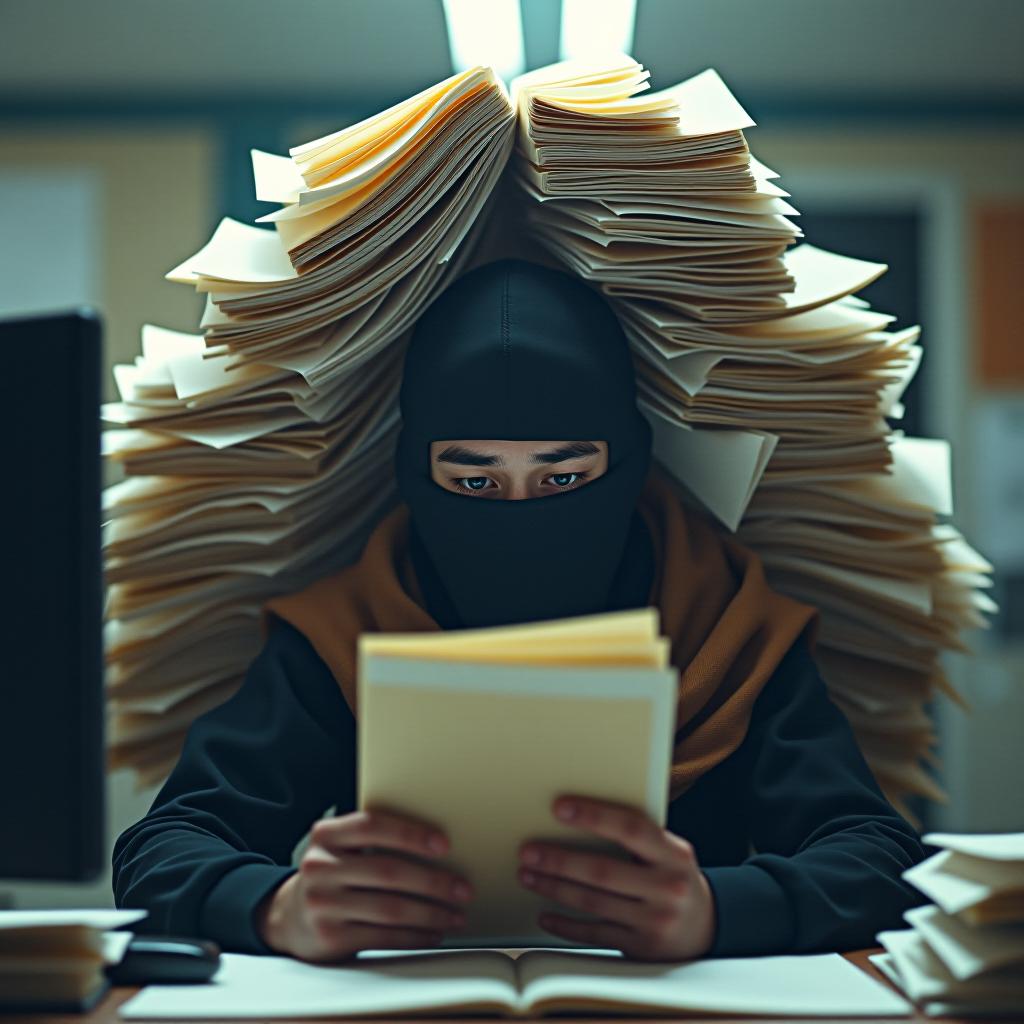  ninja at work with lots of paperwork bundle around him. he tried to duplicate himself but can't due to paperwork pile him up so tight, only left open the face. hyperrealistic, full body, detailed clothing, highly detailed, cinematic lighting, stunningly beautiful, intricate, sharp focus, f/1. 8, 85mm, (centered image composition), (professionally color graded), ((bright soft diffused light)), volumetric fog, trending on instagram, trending on tumblr, HDR 4K, 8K