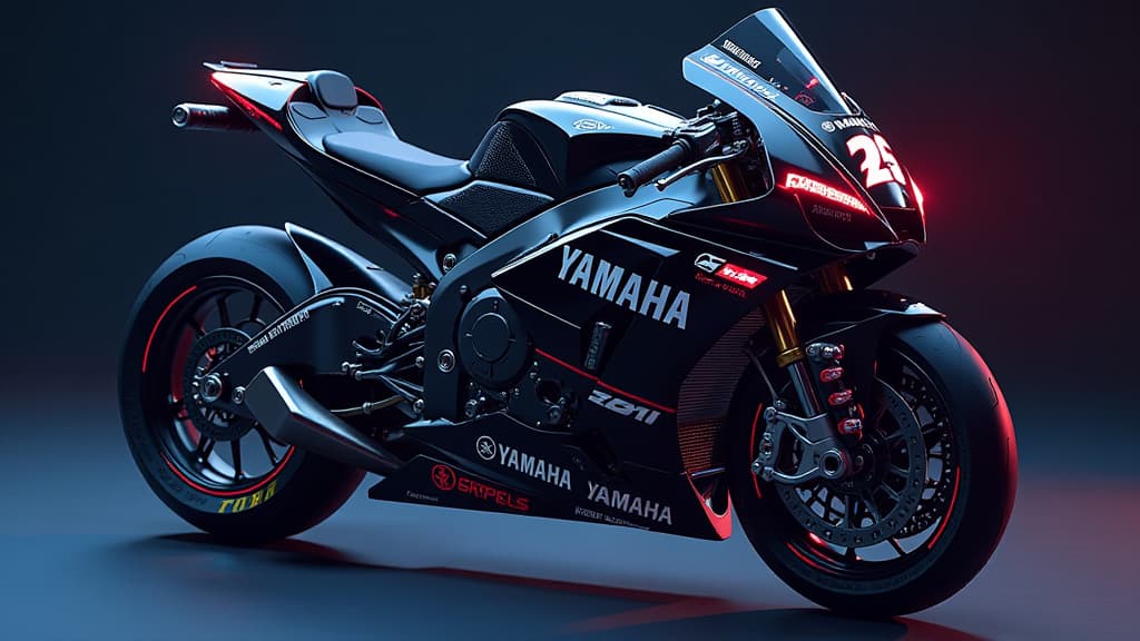  prompt: create an ultra realistic and detailed image showcasing yamaha's revolutionary development of a v4 engine for their motogp machine m1. include yamaha's logo prominently displayed on the sleek, futuristic engine design. incorporate dramatic lighting to highlight the intricate details of the v4 engine, with hints of yamaha's factory riders quartararo and rins in the background, symbolizing their crucial role in the project. emphasize the shift in attitude towards innovation within the yama