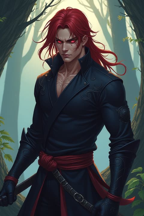  a male character with long, dark red hair, bright red slanted eyes, facial scars, and dressed in a sleek ninja outfit. the setting is a mystical forest at twilight, with shadows playing on his face. the ninja outfit is detailed, featuring intricate patterns and a dark color scheme that blends with the environment. the character has an intense expression, embodying a mix of danger and allure. his posture is dynamic, suggesting motion as if he’s ready to leap into action, with a faint breeze tousling his hair.