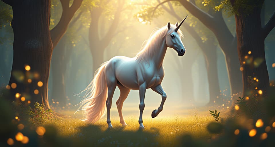  a mystical unicorn in a luminous grove, surrounded by glowing beings of light. the unicorn's presence is magnetic, exuding a serene energy that draws all creatures near.. the style is digital art illustration,highly detailed, whimsical,magical, dreamlike atmosphere, realism and fantasy blend, smooth, glossy textures,luminous quality, wonder and enchantment.