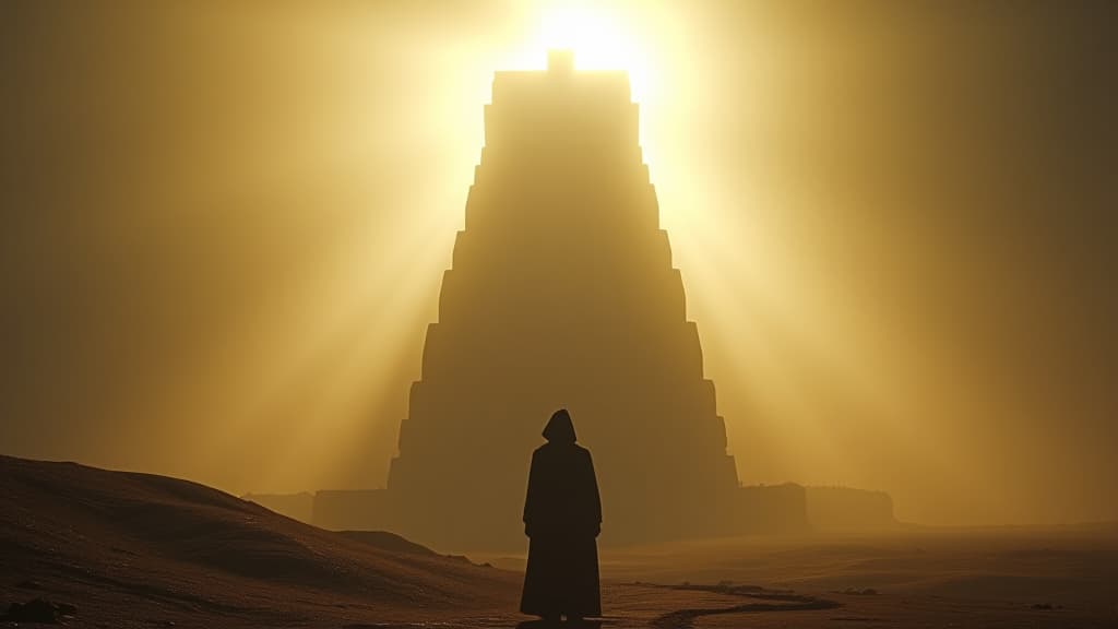  an ethereal portrayal of the spiritual significance of the tower of babel, with rays of light juxtaposed with shadows of confusion. hyperrealistic, full body, detailed clothing, highly detailed, cinematic lighting, stunningly beautiful, intricate, sharp focus, f/1. 8, 85mm, (centered image composition), (professionally color graded), ((bright soft diffused light)), volumetric fog, trending on instagram, trending on tumblr, HDR 4K, 8K