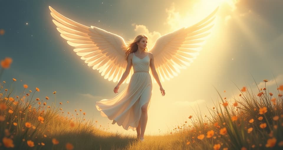  an angel with radiant, flowing wings walks through a serene, celestial landscape. the kingdom's light flows effortlessly through her, divine and graceful, soft ethereal glow.. the style is digital art illustration,highly detailed, whimsical,magical, dreamlike atmosphere, realism and fantasy blend, smooth, glossy textures,luminous quality, wonder and enchantment.