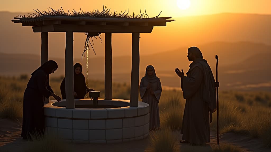  history of biblical times, a serene evening at a well outside a city in mesopotamia, with women gathering water, and the servant of abraham praying quietly. hyperrealistic, full body, detailed clothing, highly detailed, cinematic lighting, stunningly beautiful, intricate, sharp focus, f/1. 8, 85mm, (centered image composition), (professionally color graded), ((bright soft diffused light)), volumetric fog, trending on instagram, trending on tumblr, HDR 4K, 8K