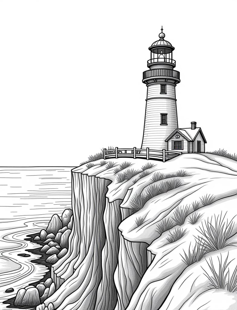  this is for an adult coloring page. a detailed black and white line art of a snowy snow covered lighthouse on a cliff overlooking the sea on a solid white background.