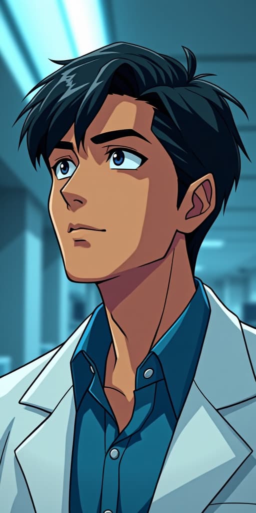  good quality, high quality, a close up manga style shot of the male protagonist, pranav. he is standing in the lab, his face illuminated by the cool fluorescent lights above. his dark hair is neatly combed, and his sharp, focused eyes look off to the side as if deep in thought. his expression is serious yet soft, with a hint of curiosity or longing in his eyes. he wears a crisp white lab coat over a neatly buttoned blue shirt. the background is slightly blurred, with vague outlines of laboratory equipment, hinting that his mind is elsewhere. the close up captures the intensity of his inner thoughts, his brows furrowed slightly as he contemplates his work and perhaps something, or someone, more personal.