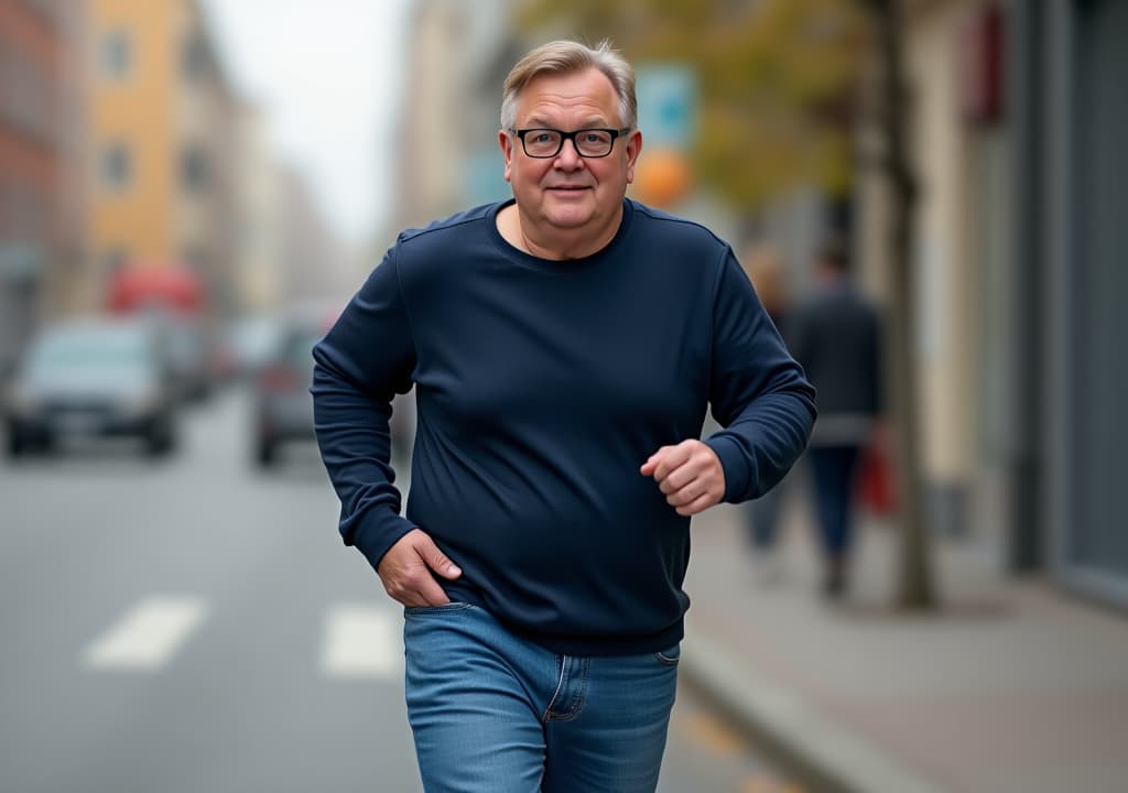  a full body shot of a realistic 2 old danish man with a slightly overweight build. he has short, light brown hair that's mildly tousled, a fair complexion with subtle redness on his cheeks, and a clean face. his facial features are average, with soft blue eyes behind thin framed gles, a straight nose, and a gentle smile line. he's wearing a dark blue long sleeve shirt that's comfortably fitted but not tight, paired with well worn blue jeans and simple white sneakers. the man is captured in mid stride, running along a city street, viewed from the side but glancing towards the camera as if caught off guard. his expression reflects a mix of surprise and amut, with eyebrows slightly raised and mouth slightly open. the backd