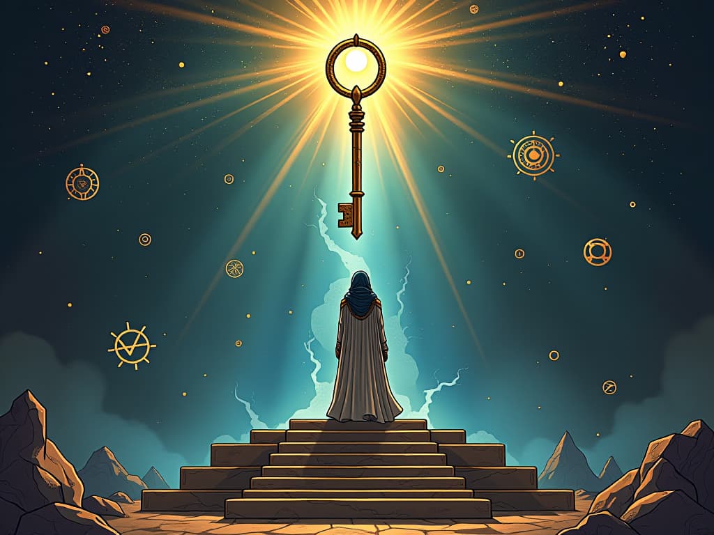  a cosmic key suspended above an altar, surrounded by floating mystical symbols, a sense of unlocking creation’s mysteries with a divine light shining down. the style is digital art illustration / modern comic book / mysterious occult, symbolic, esoteric vibe,high detail on character design, incorporating ancient egyptian symbology and attire.