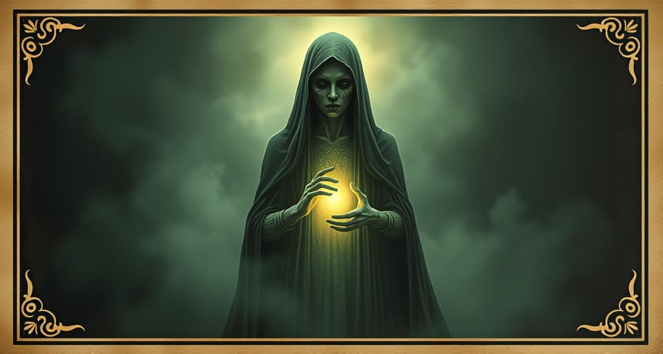  a figure appearing timeless, inner light shining through their translucent skin, mystical ambiance, soft edges, surrounded by shadows and subtle highlights. an illustration in the style of a worn, mystical old tarot trump card, mysterious and elements of surrealism. the colors are muted, somber and eerie, but with contrast bring out an occult and esoteric vibe.