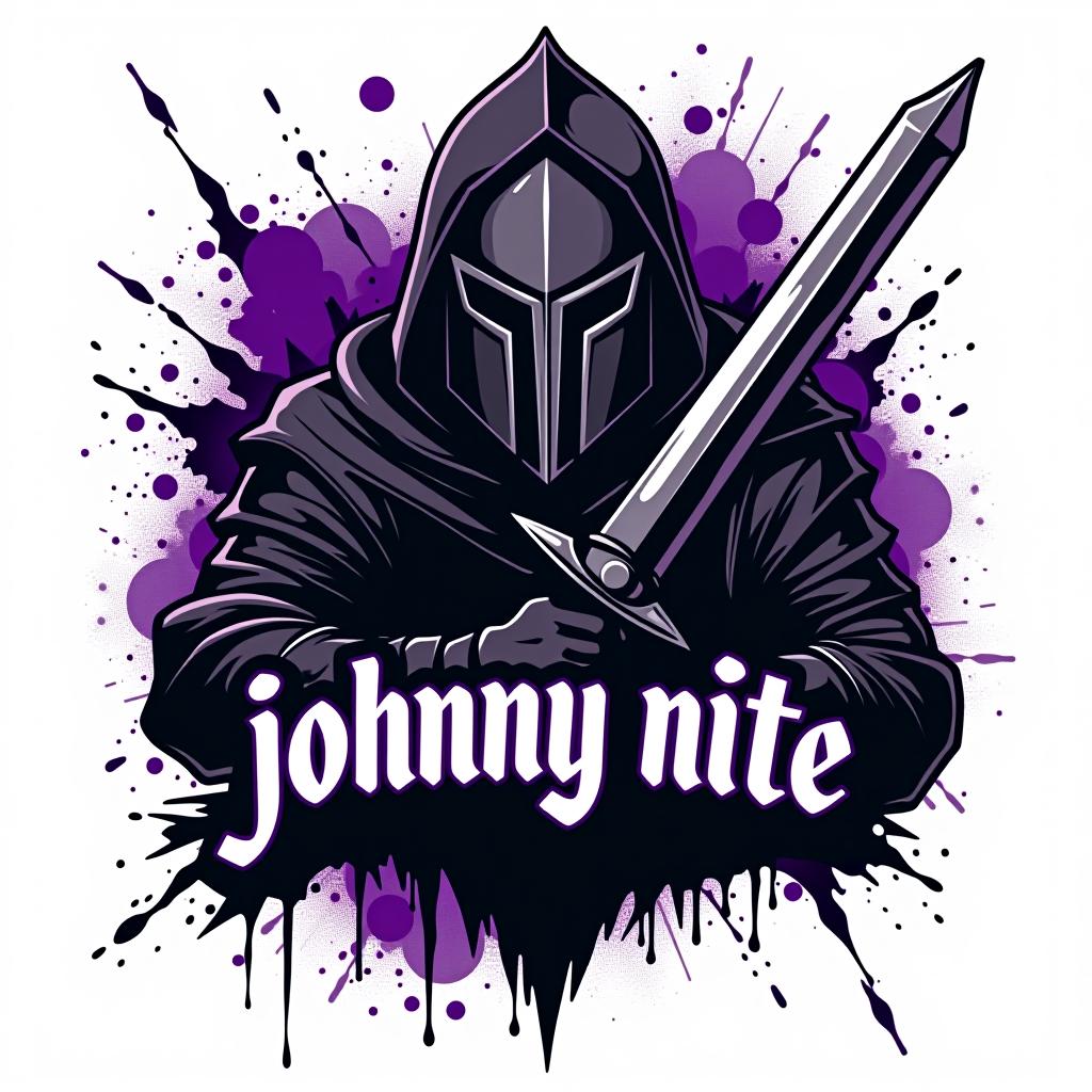  design a logo, in a realism style. knight black and purple graffiti, with the text 'johnny nite '.