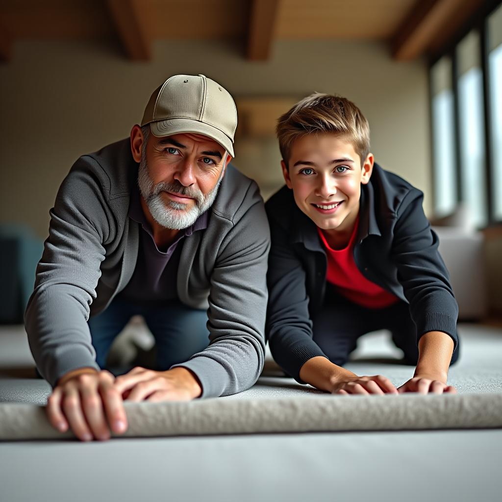  2 men a father and son putting down carpet in a big house the father has a baseball cap on in his 50s with a beard with some grey in it and has blue eyes. the son has brown hair blue greenish eyes with a red shirt on, (logo), elegant, chic, stylish, sophisticated, high fashion, modern serif font, monochrome, simple, iconic