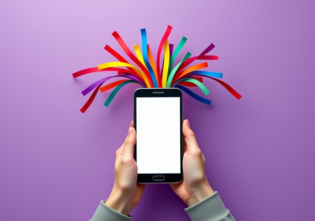  hands holding a smartphone with colorful ribbons bursting out on a purple background.