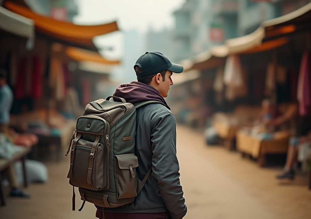  young traveling backpacker in road outdoor market